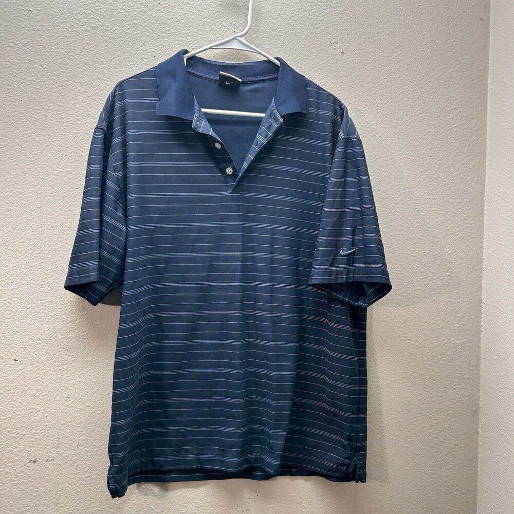 NIKE GOLF DRI-FIT Polo Shirt Men's Large Striped Performance Blue‎
